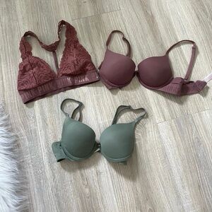 PINK Victoria's Secret Lace and Solid Bra Trio - Burgundy and Olive